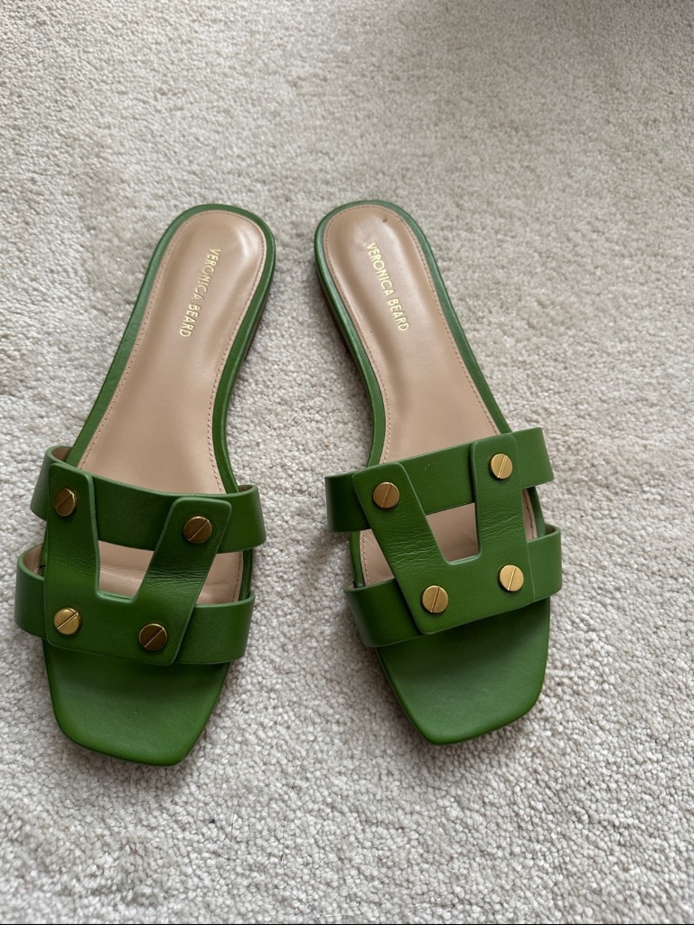 Veronica Beard Green Leather Gold-Stud Slide Mules